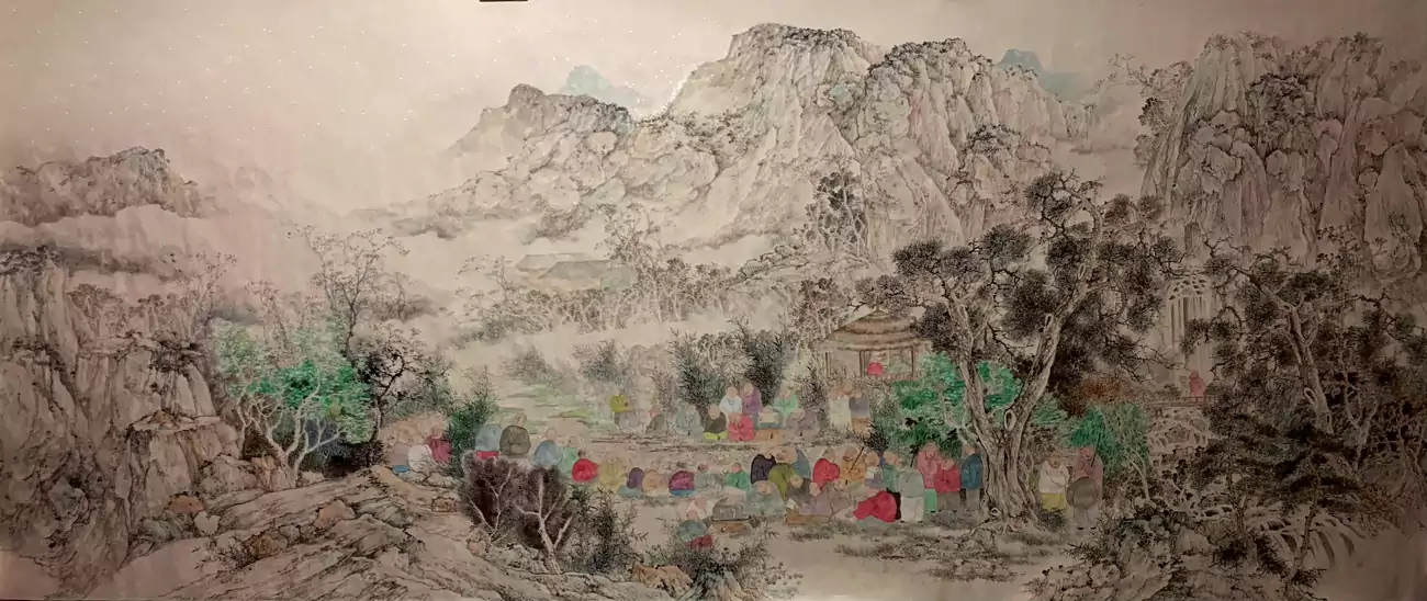 众多和尚在山下聚会 似连胜群画作