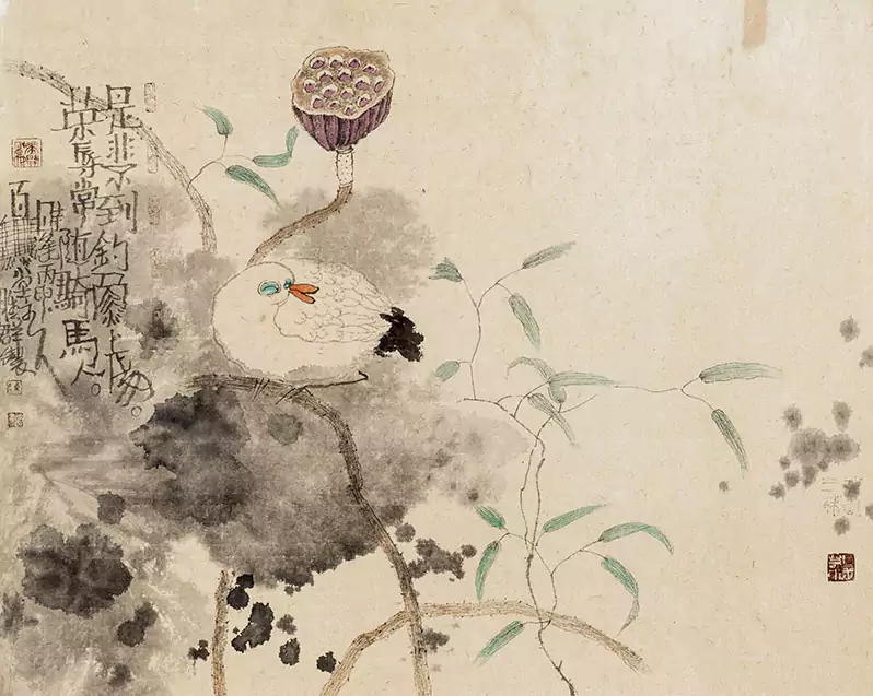 国画莲藕和一只鸟连胜群