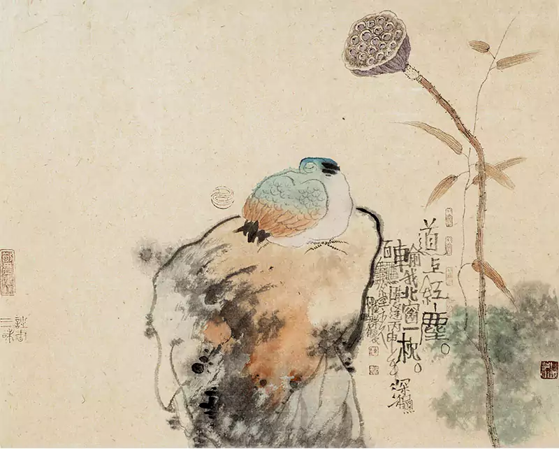 国画莲藕和石头上的一只鸟连胜群