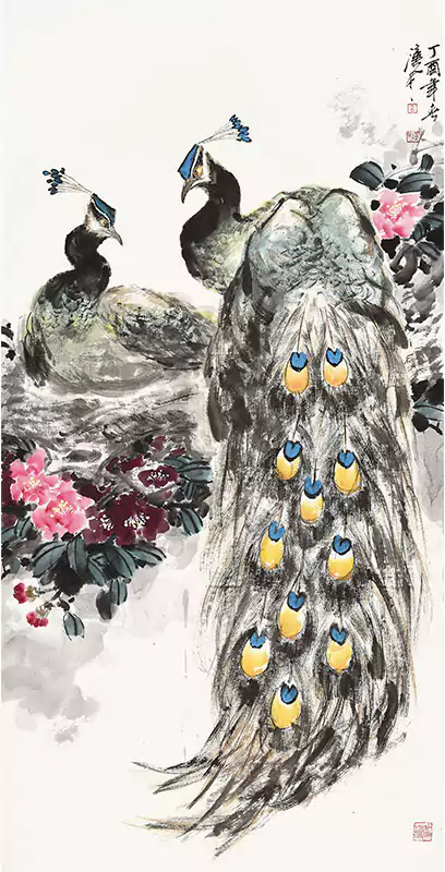 两个孔雀和牡丹花国画来自宋庄