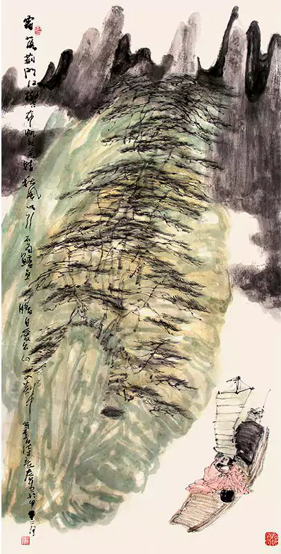 国画山水 江中有个小船