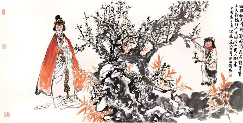 穿红大衣的女子和小孩 国画