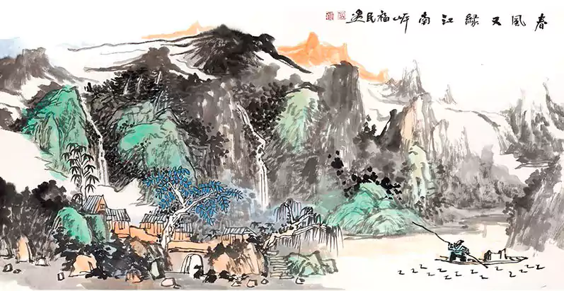 国画山水渔翁钓鱼