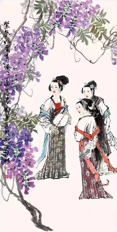 站在喇叭花下交谈的三位女子 国画