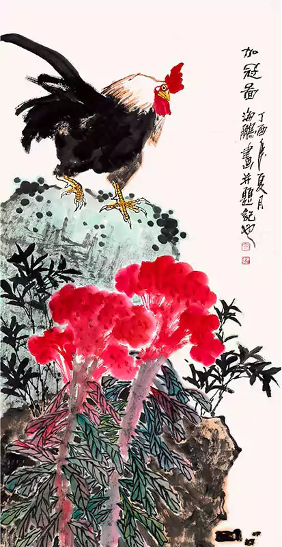 国画 大公鸡和鸡冠花