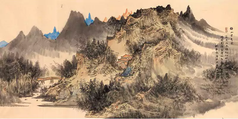 国画 寺庙和群山
