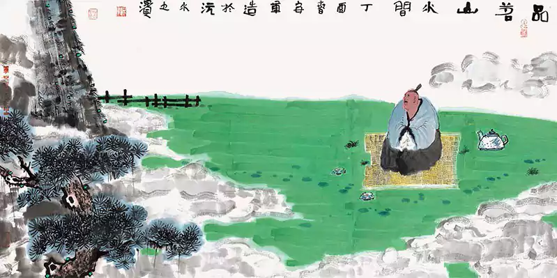 国画 坐在池塘上的老翁