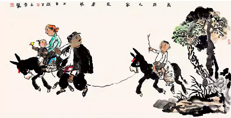 骑毛驴的妇人和孩子 国画