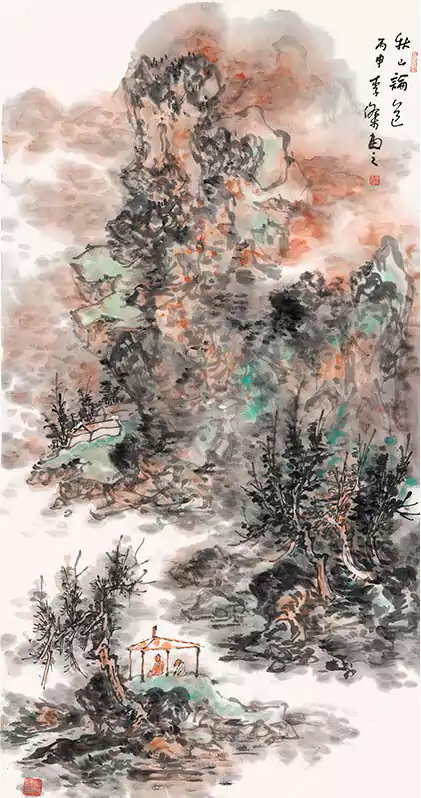 松树 小亭 国画
