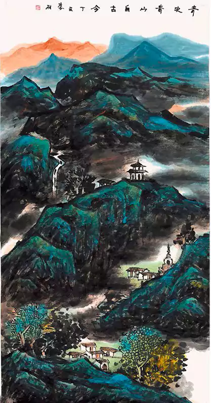 山林中的寺庙 国画
