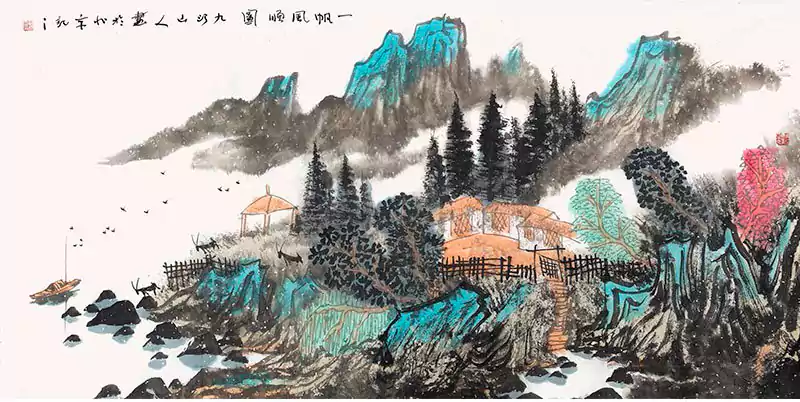 亭子与群山 国画