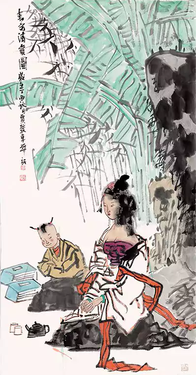 美妇和孩童在芭蕉下