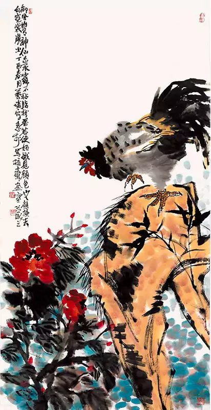 公鸡 石头 国画