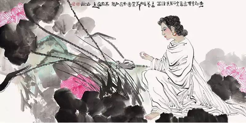 女人和荷花 国画
