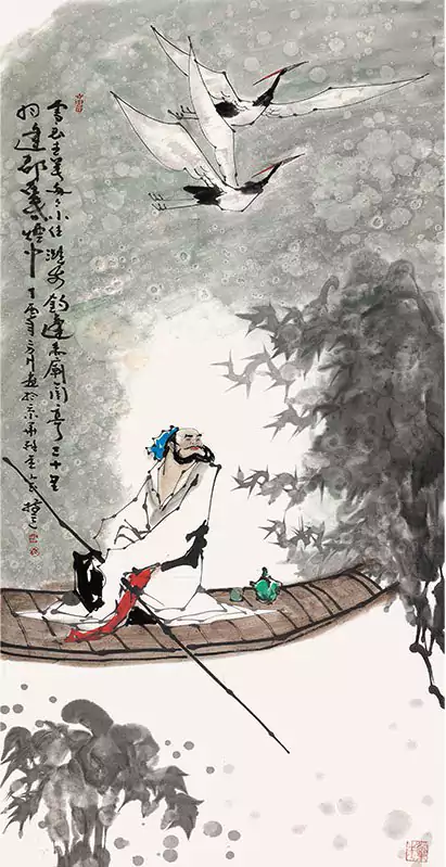 老者在小船上的悠闲国画