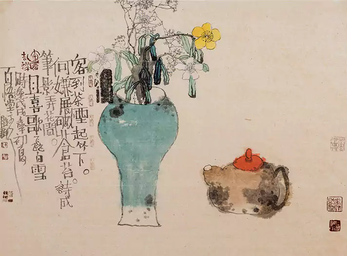 花瓶插花 旁边还有一个茶壶 国画