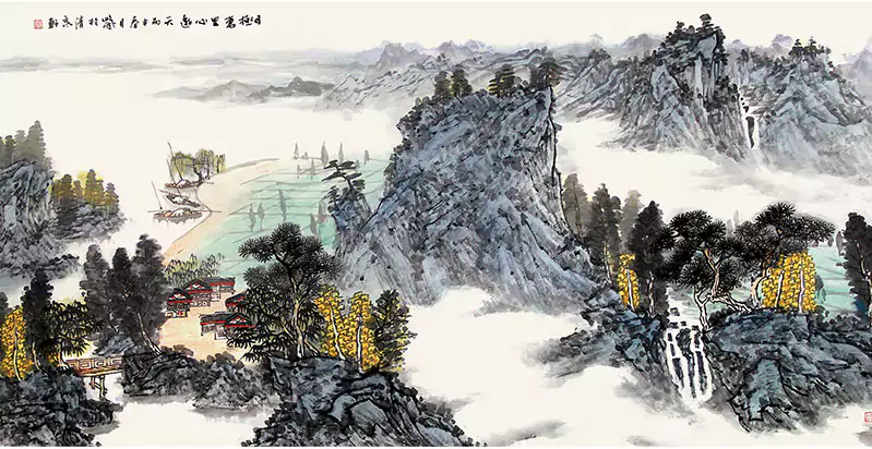 有几处有黄色基调的山水画 国画
