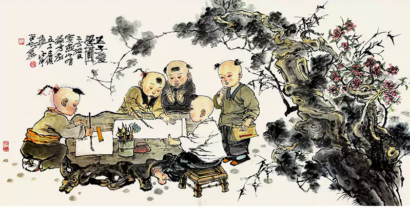 五个孩子在古树下学习 国画