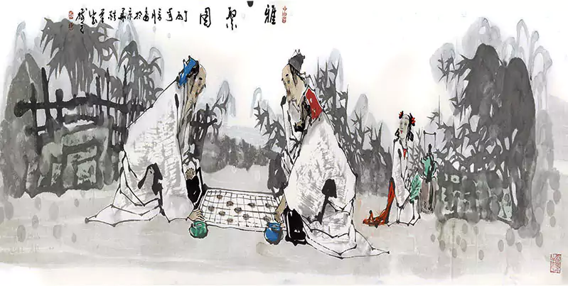 两个老者在下棋 国画