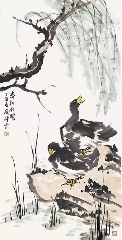 两只水鸟在河边 国画