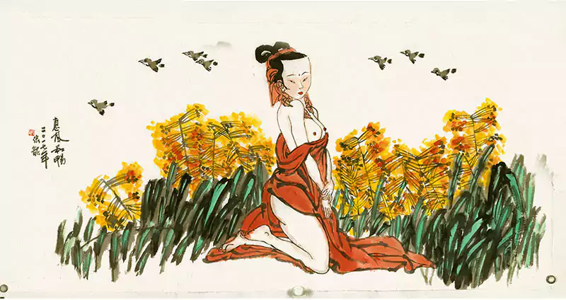 跪在黄花丛中的性感妇人 国画