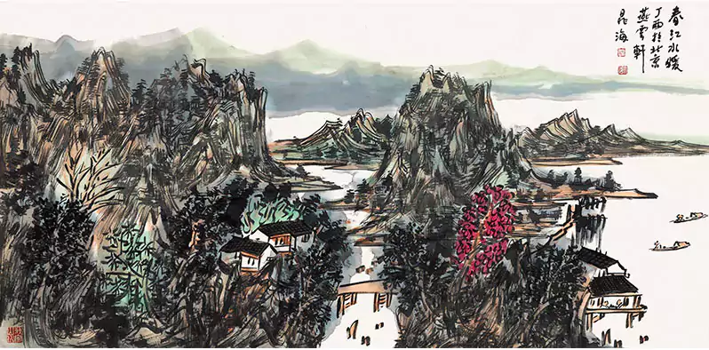 山水画 有江河 小船 花木