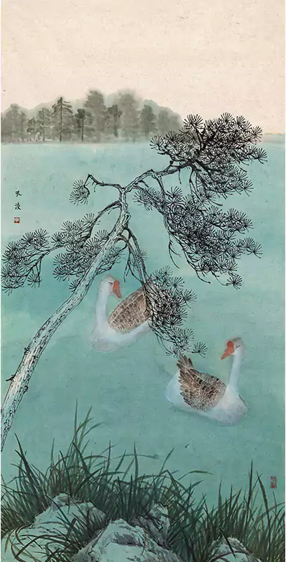 松树 湖泊 鹅 国画来自北京宋庄