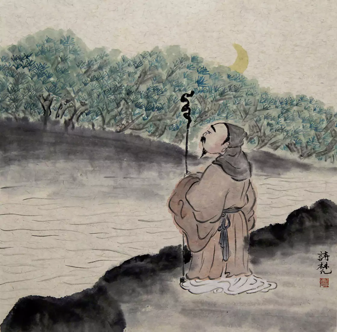 老者拄杖 国画大图