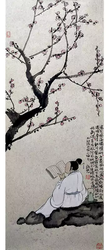 在梅花树下看书 国画