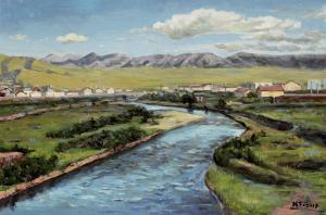 油画 大河房子 天空