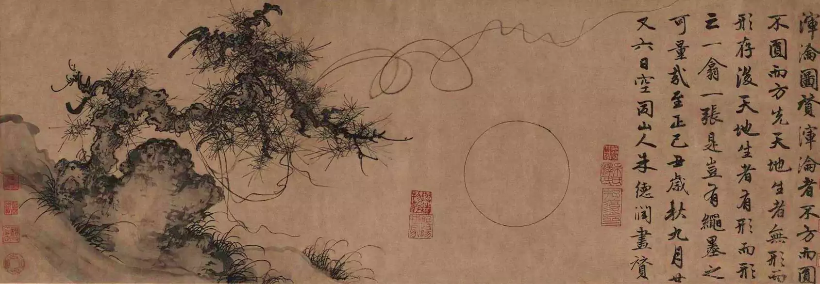 山石古松 古画 线条