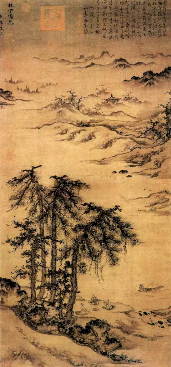 林下鸣琴轴画元代朱德