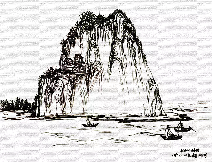 孤峰帆影 这是一帧黑白速写里的山水清景